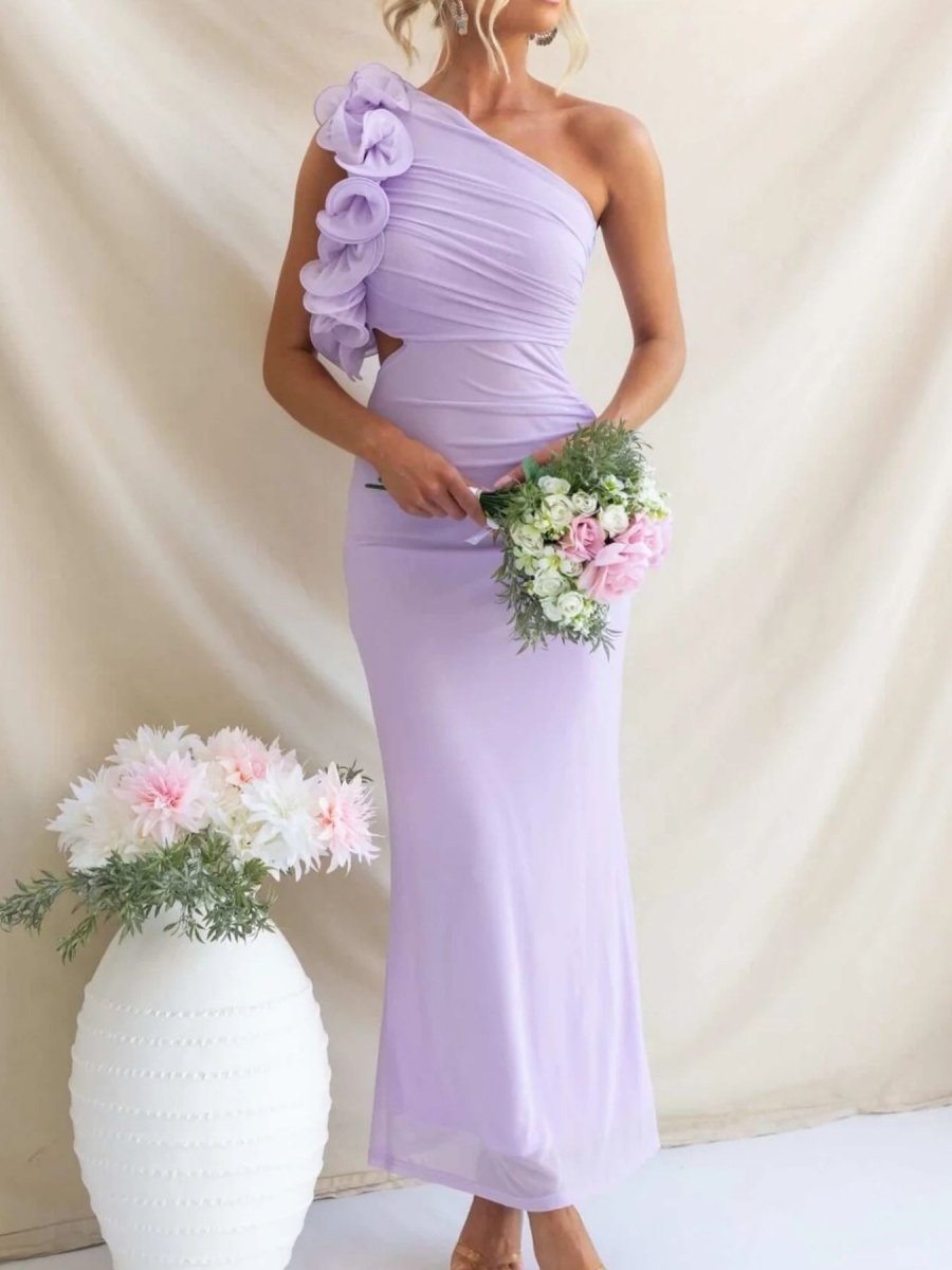 One - Shoulder Floral Trim Sleeveless Maxi Dress - 
