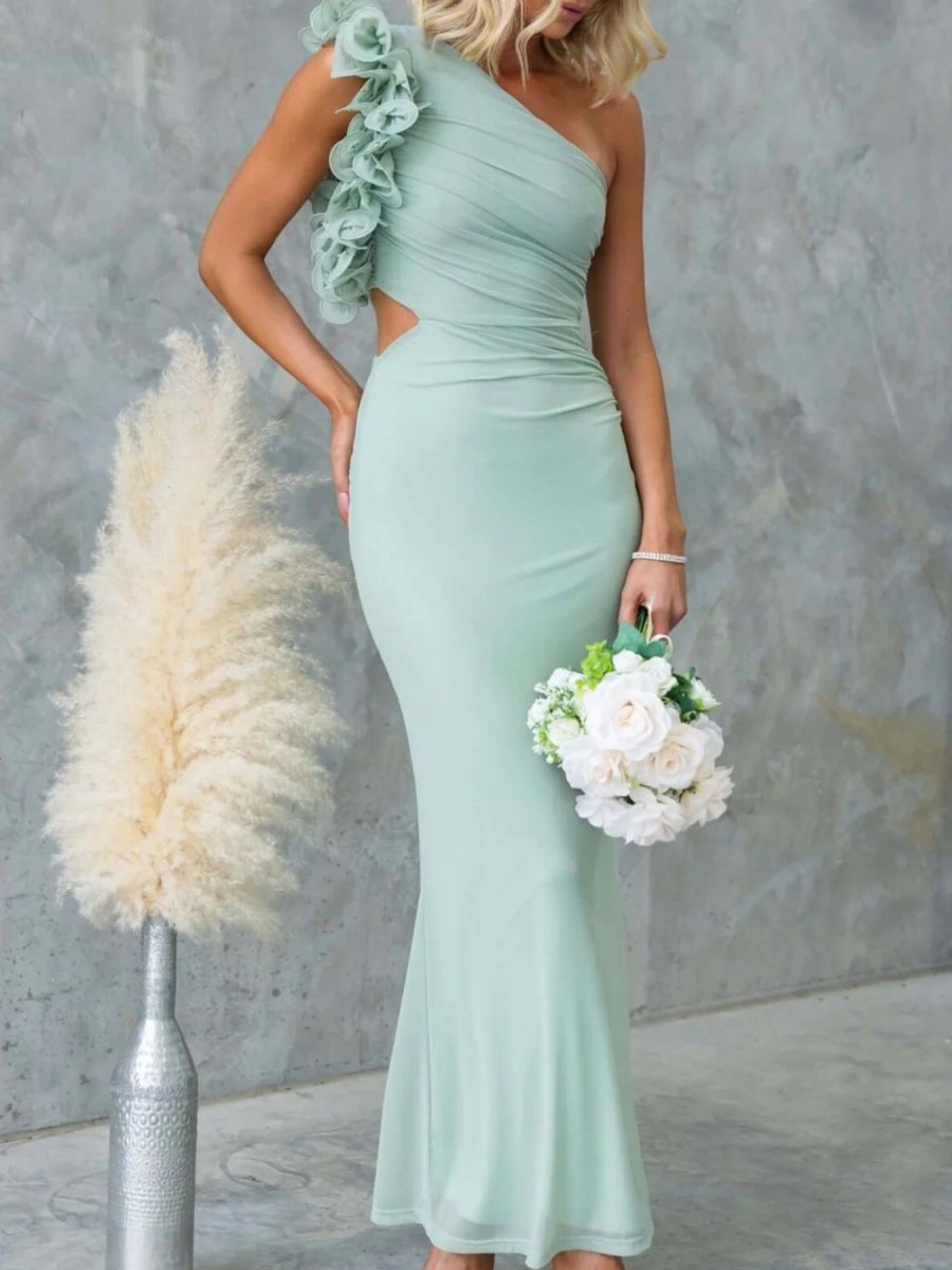 One - Shoulder Floral Trim Sleeveless Maxi Dress - 