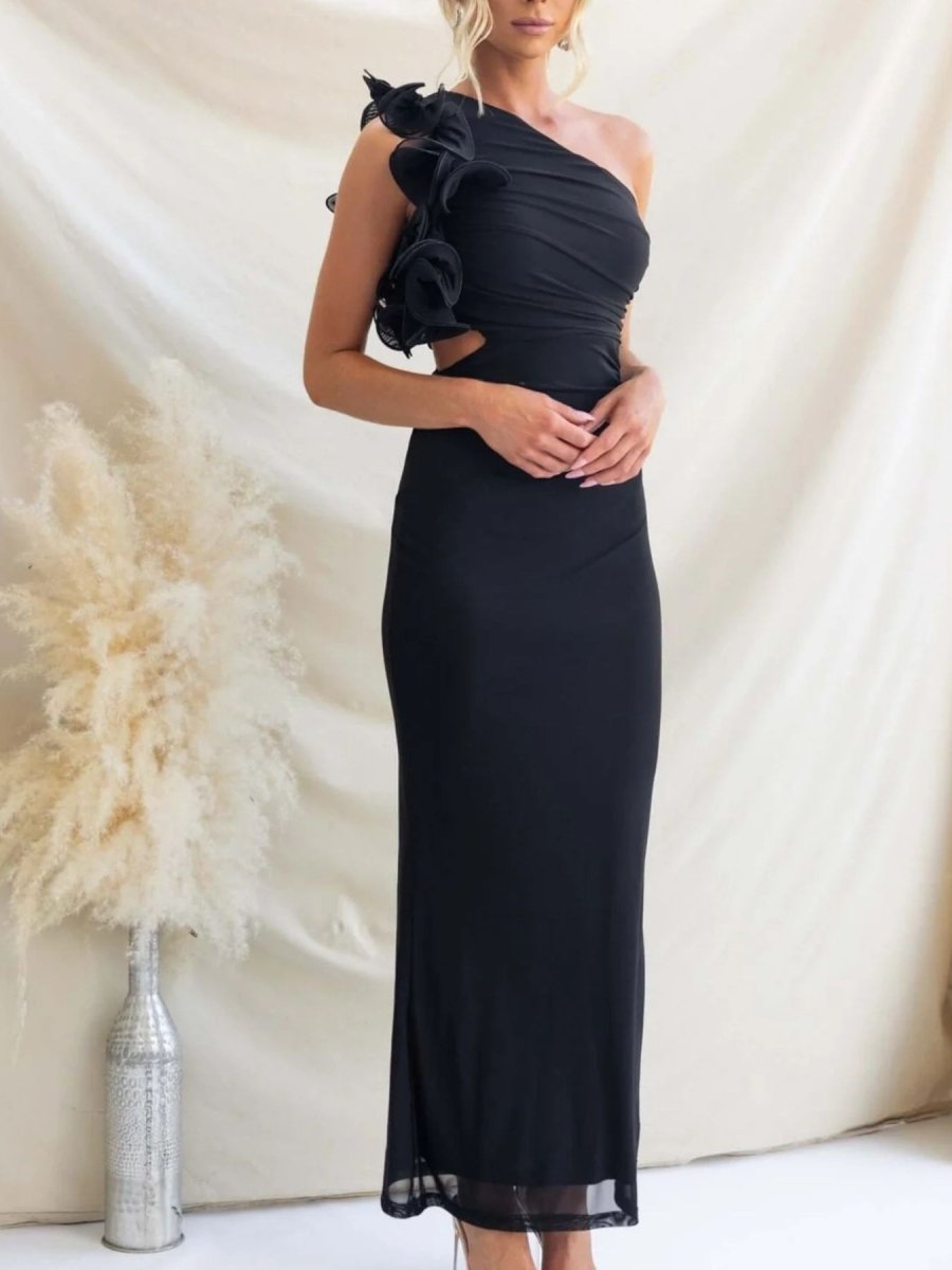 One - Shoulder Floral Trim Sleeveless Maxi Dress - 
