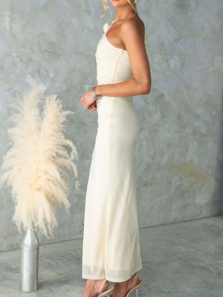 One - Shoulder Floral Trim Sleeveless Maxi Dress - 
