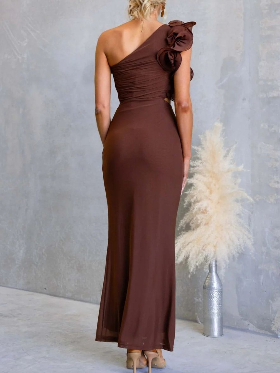 One - Shoulder Floral Trim Sleeveless Maxi Dress - 