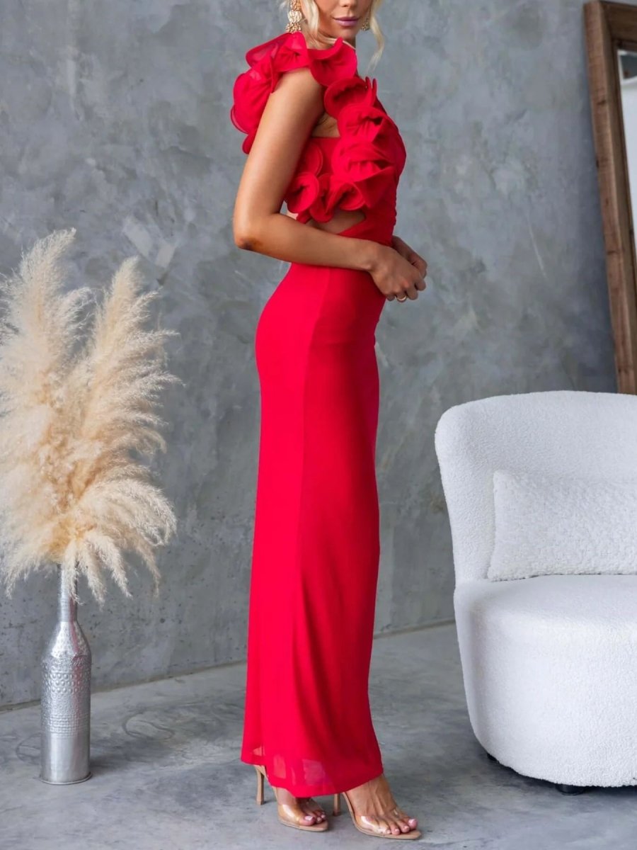 One - Shoulder Floral Trim Sleeveless Maxi Dress - 