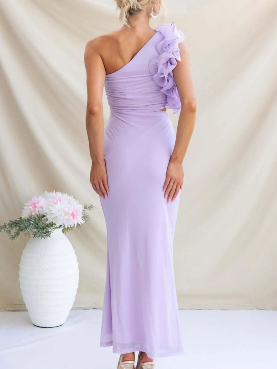 One - Shoulder Floral Trim Sleeveless Maxi Dress - 