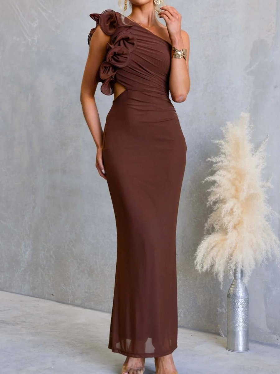 One - Shoulder Floral Trim Sleeveless Maxi Dress - 