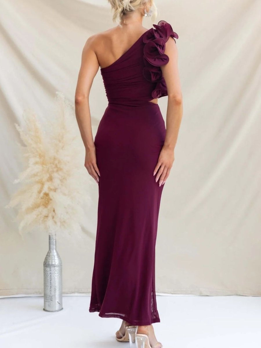 One - Shoulder Floral Trim Sleeveless Maxi Dress - 