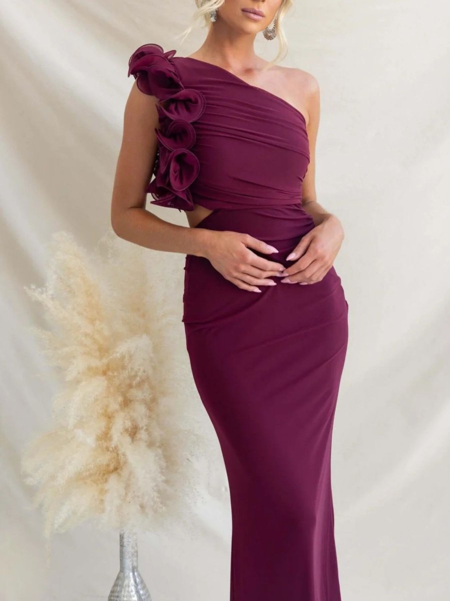 One - Shoulder Floral Trim Sleeveless Maxi Dress - 