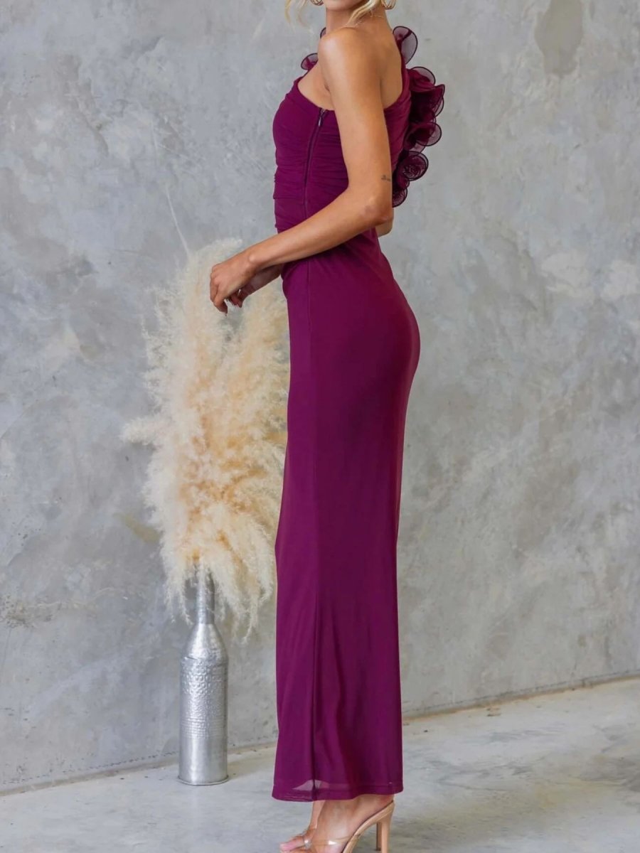 One - Shoulder Floral Trim Sleeveless Maxi Dress - 