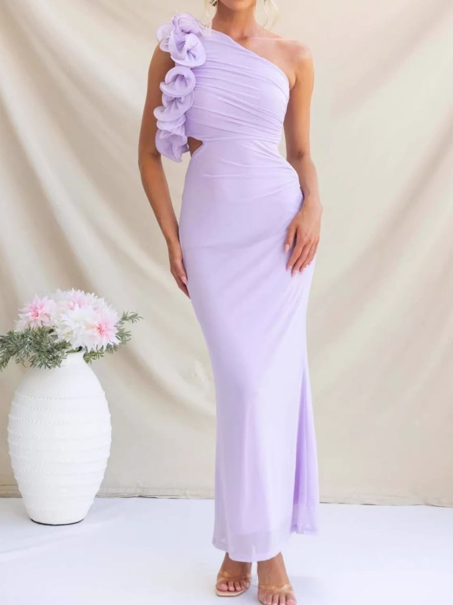 One - Shoulder Floral Trim Sleeveless Maxi Dress - 