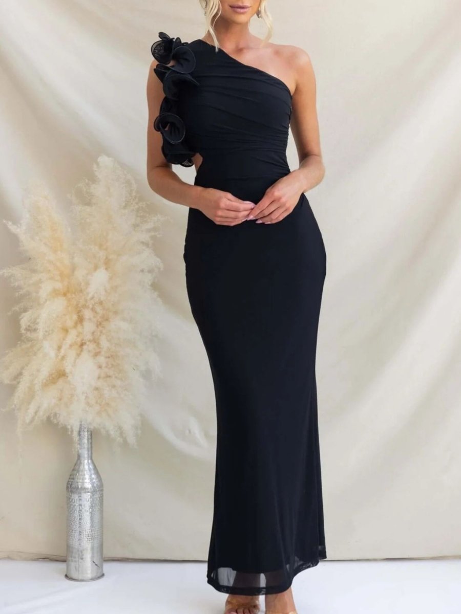One - Shoulder Floral Trim Sleeveless Maxi Dress - 