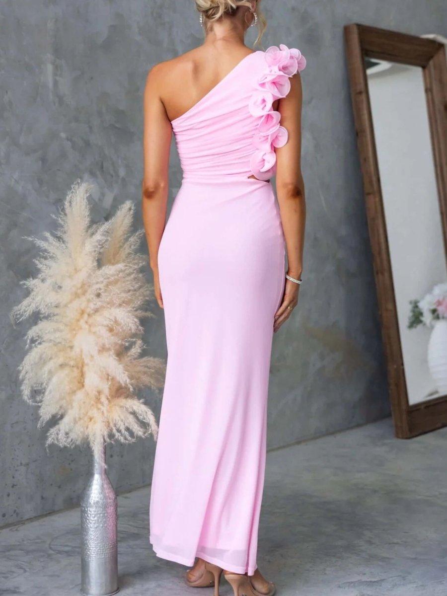 One - Shoulder Floral Trim Sleeveless Maxi Dress - 