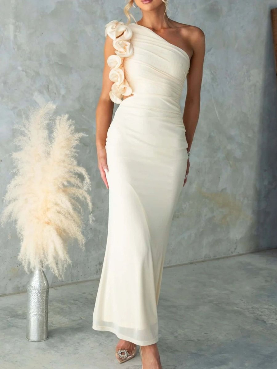 One - Shoulder Floral Trim Sleeveless Maxi Dress - 