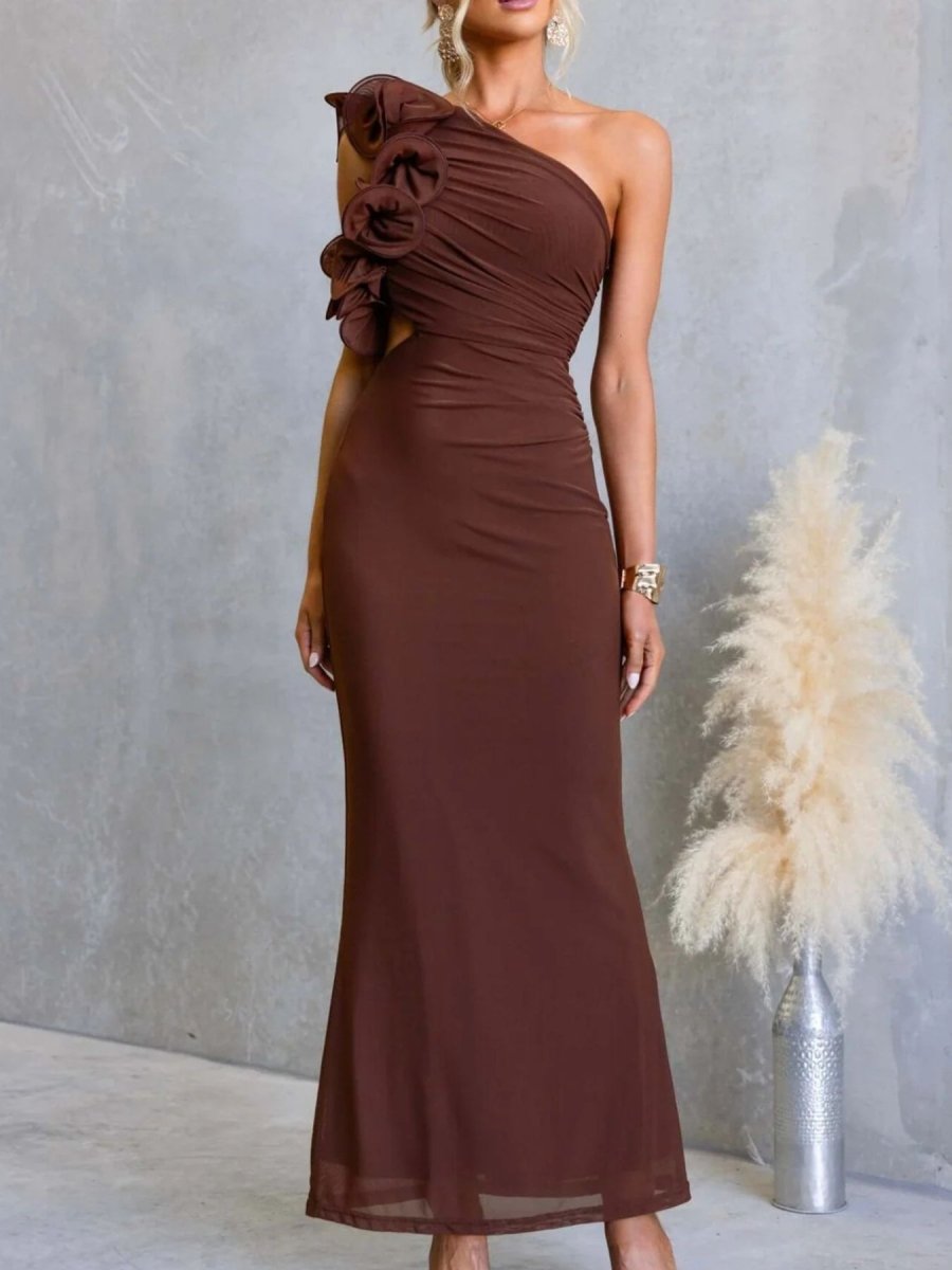 One - Shoulder Floral Trim Sleeveless Maxi Dress - 