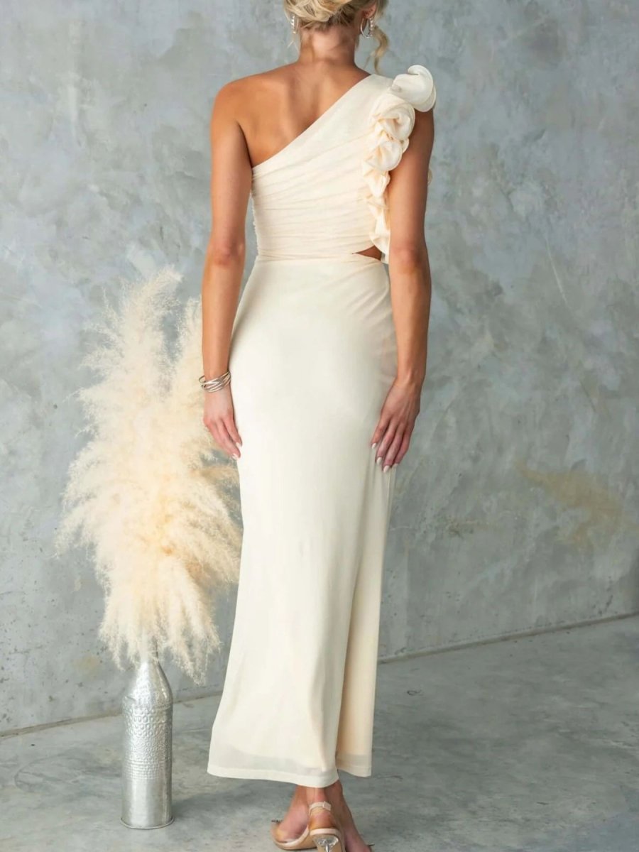 One - Shoulder Floral Trim Sleeveless Maxi Dress - 