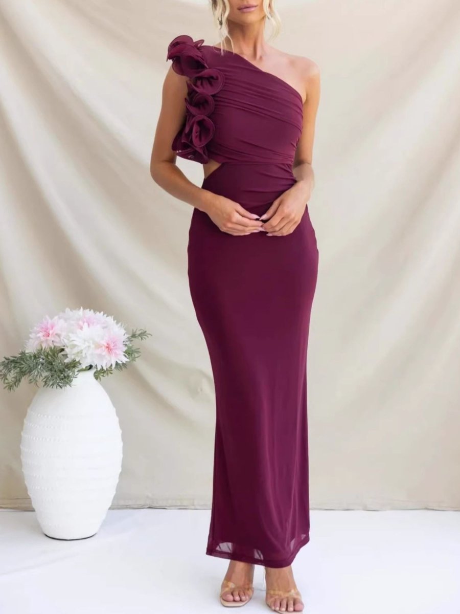 One - Shoulder Floral Trim Sleeveless Maxi Dress - 