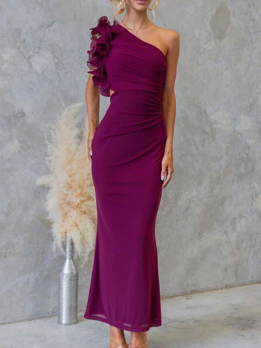 One - Shoulder Floral Trim Sleeveless Maxi Dress - 