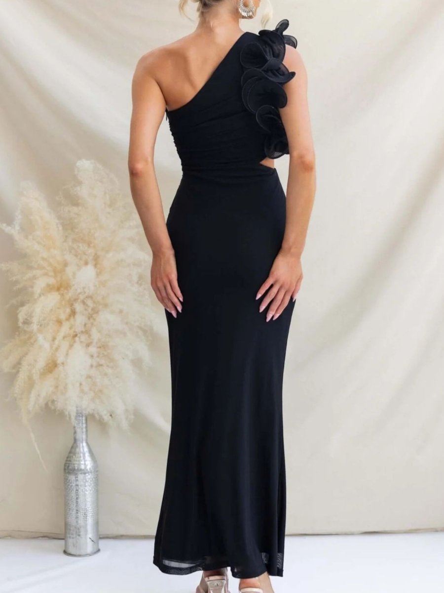 One - Shoulder Floral Trim Sleeveless Maxi Dress - 
