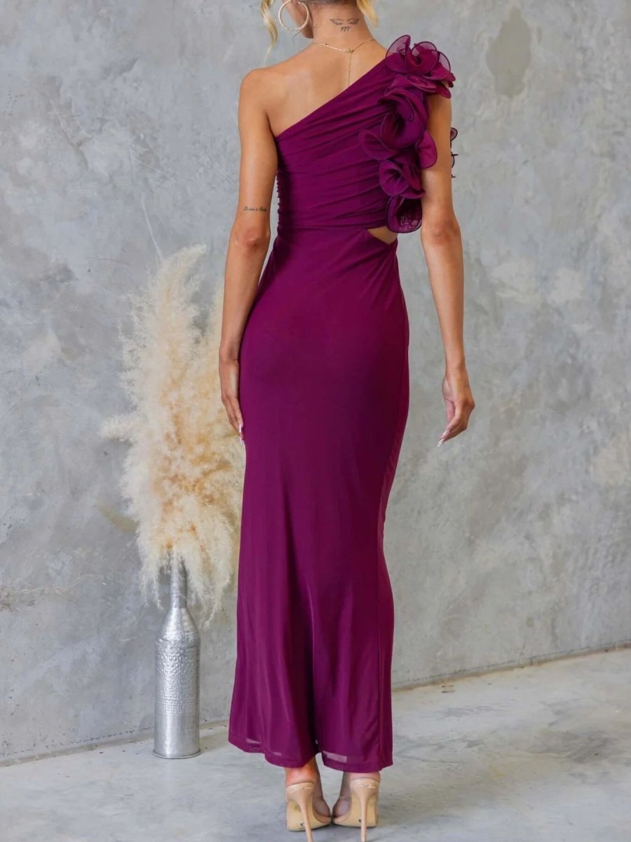 One - Shoulder Floral Trim Sleeveless Maxi Dress - 