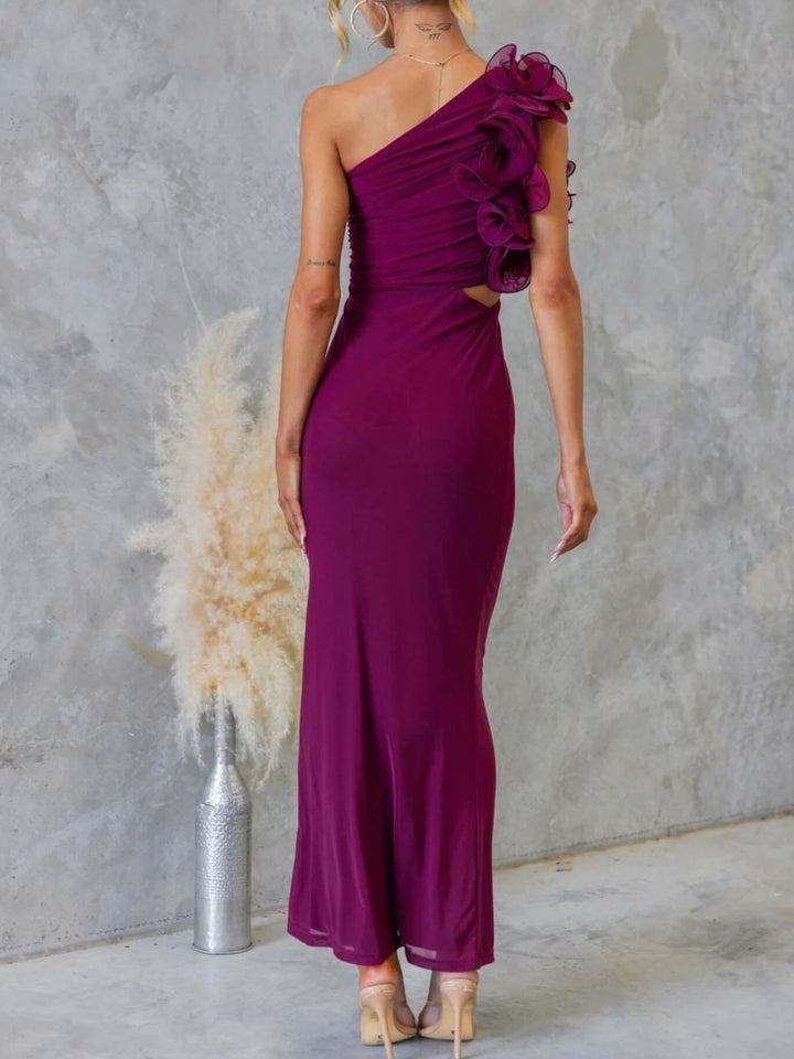 One - Shoulder Floral Trim Sleeveless Maxi Dress - 