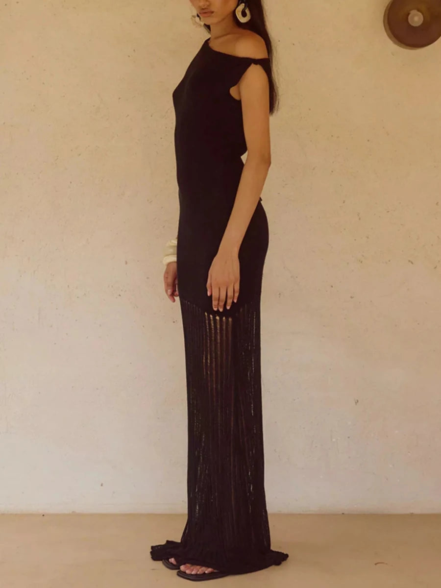 One - Shoulder Fringe Maxi Dress - 