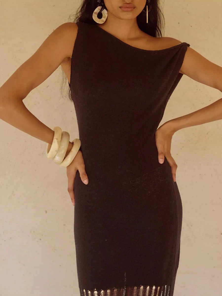 One - Shoulder Fringe Maxi Dress - 