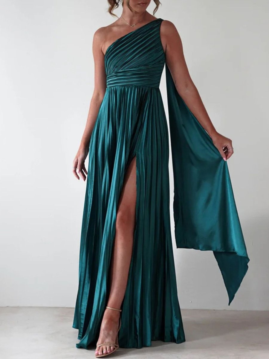 One - Shoulder Pleated Slit Maxi Dress - 