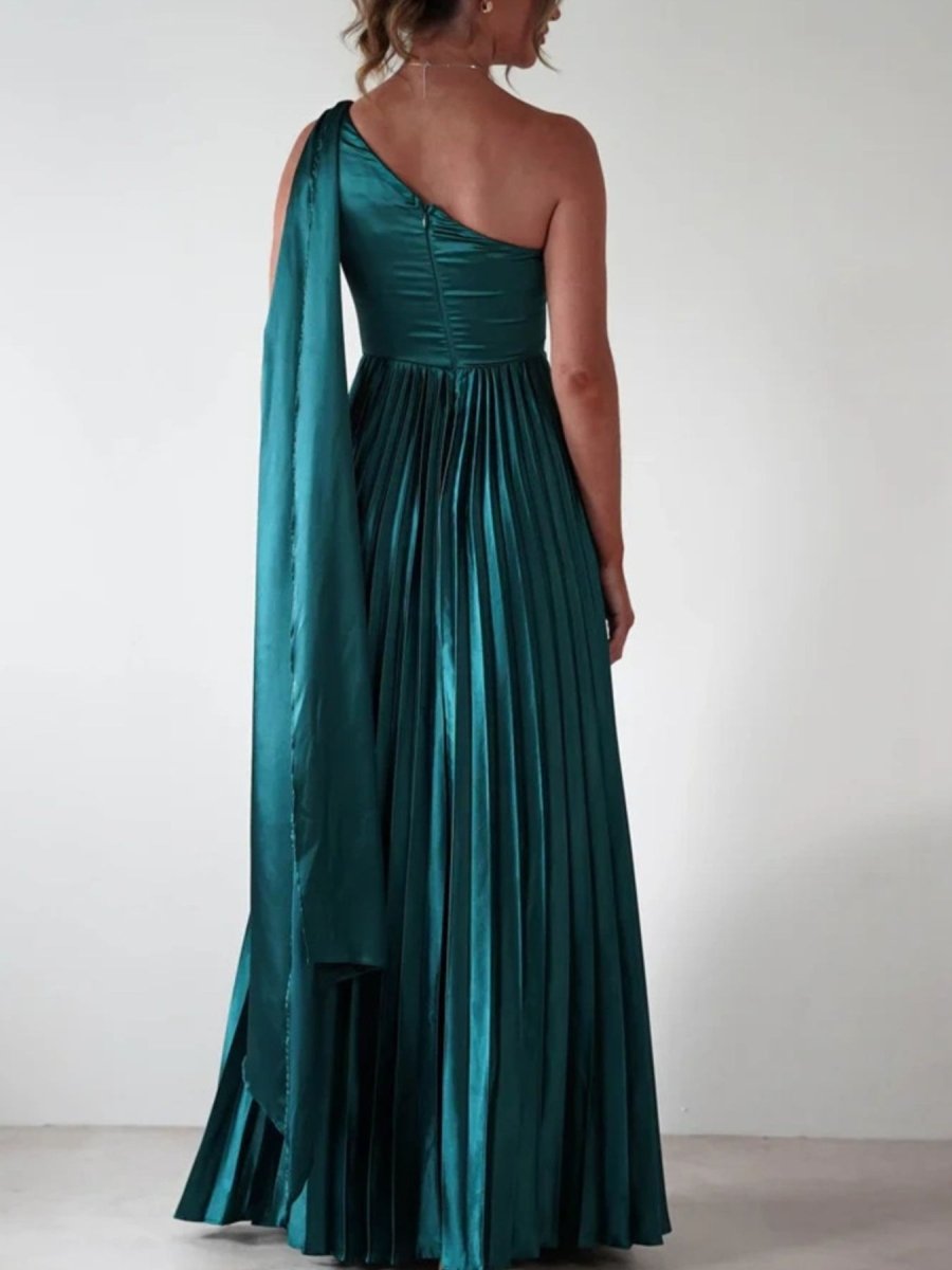 One - Shoulder Pleated Slit Maxi Dress - 