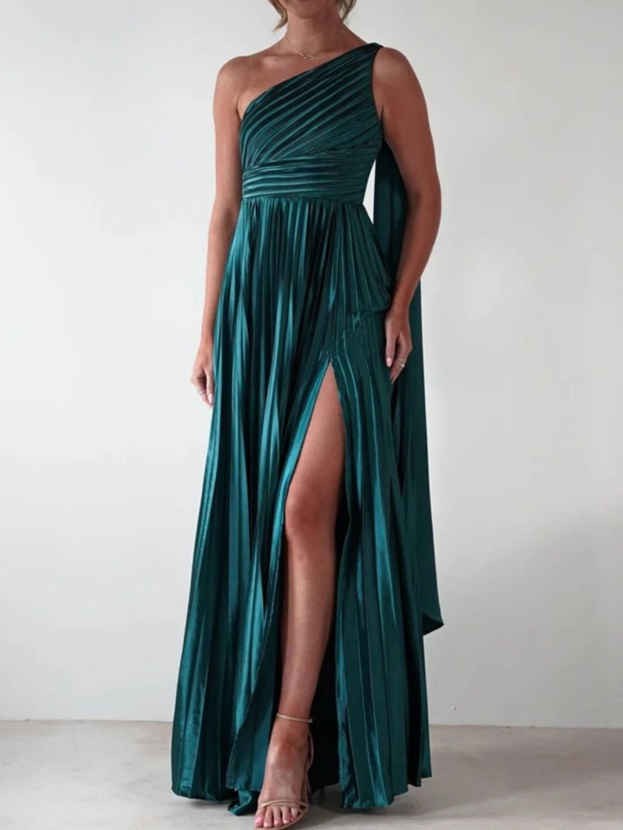 One - Shoulder Pleated Slit Maxi Dress - 