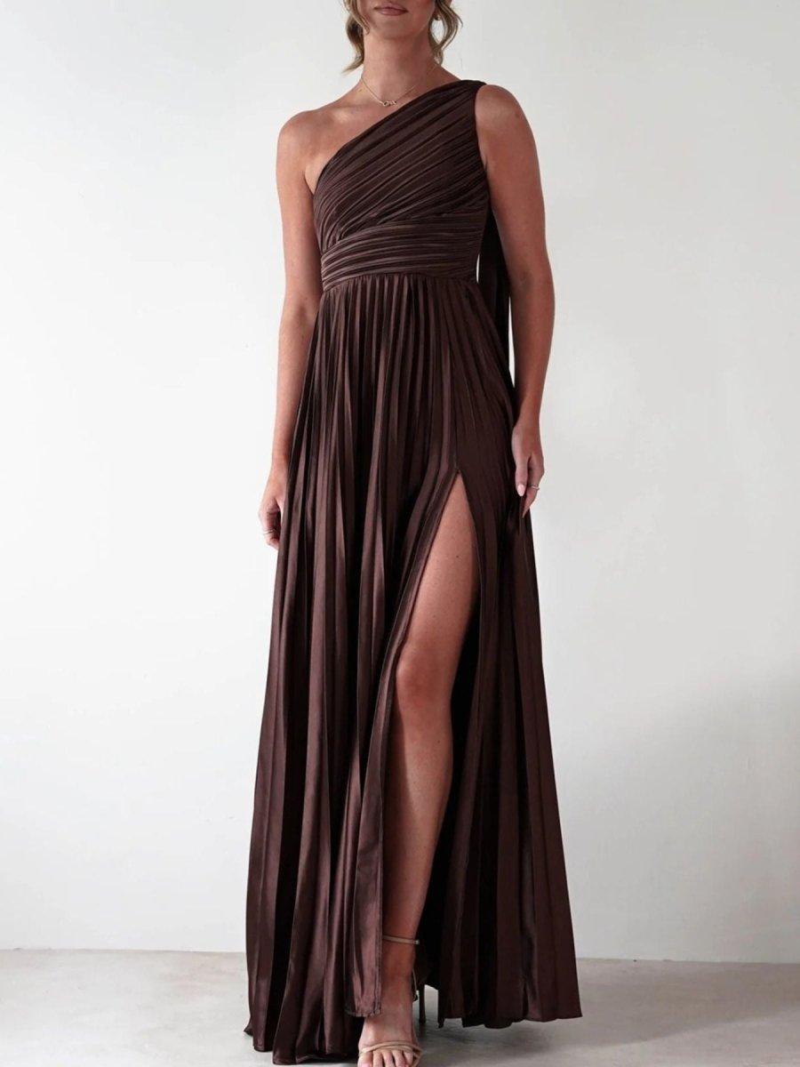 One - Shoulder Pleated Slit Maxi Dress - 