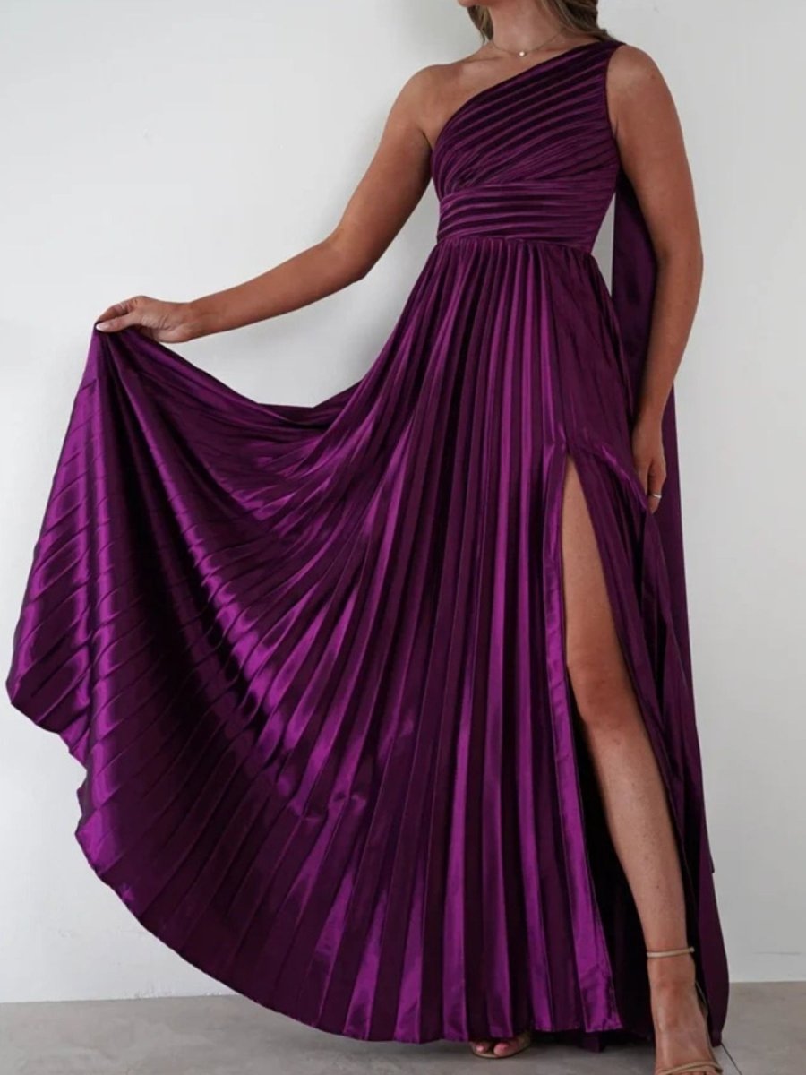 One - Shoulder Pleated Slit Maxi Dress - 