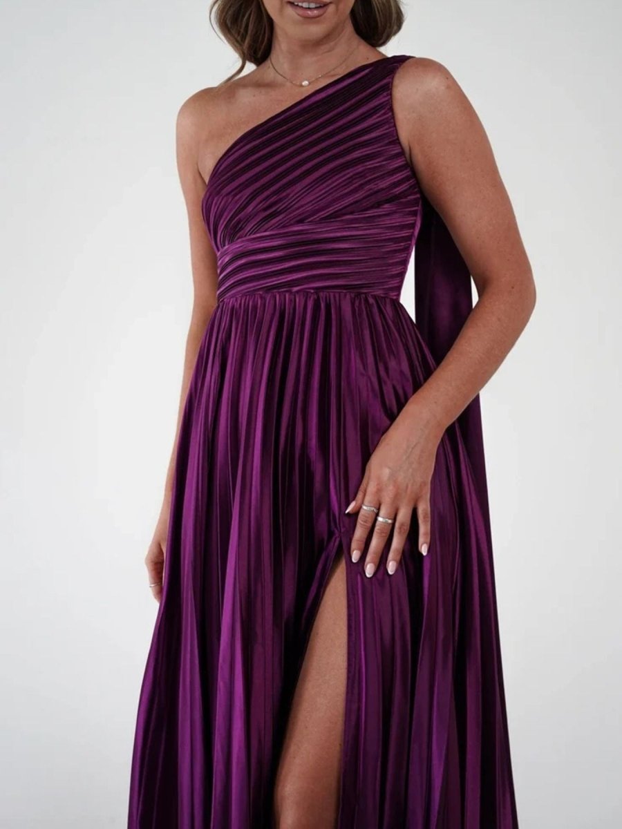 One - Shoulder Pleated Slit Maxi Dress - 