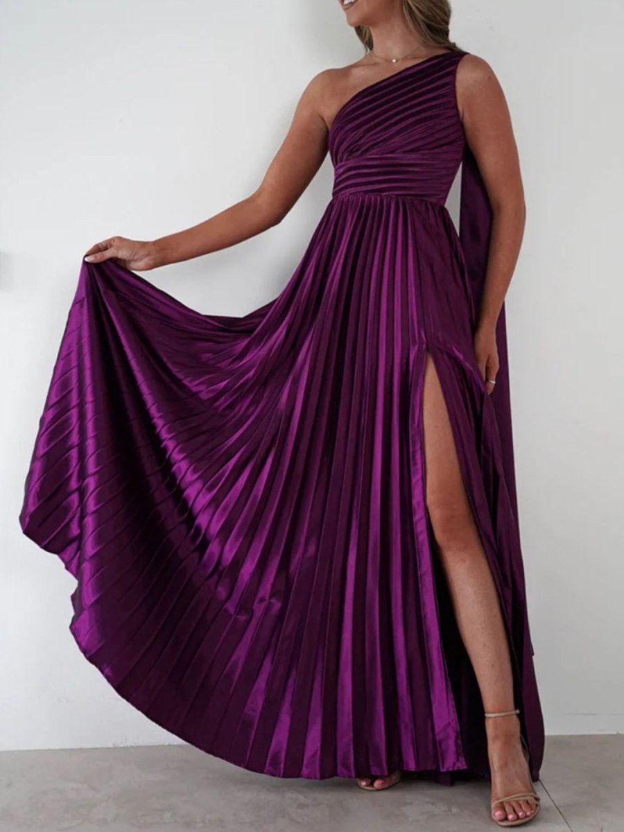 One - Shoulder Pleated Slit Maxi Dress - 