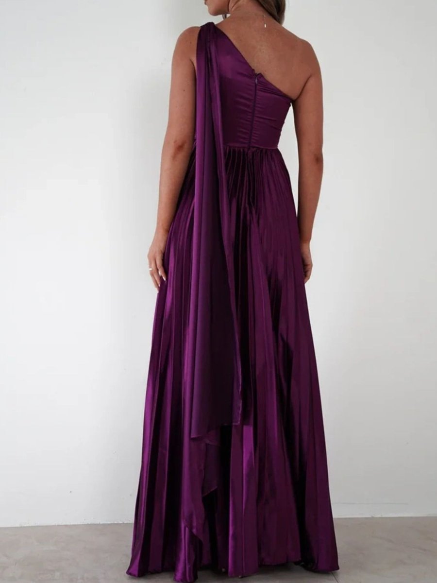 One - Shoulder Pleated Slit Maxi Dress - 