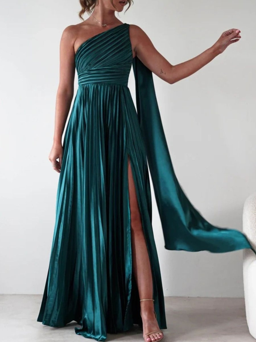 One - Shoulder Pleated Slit Maxi Dress - 