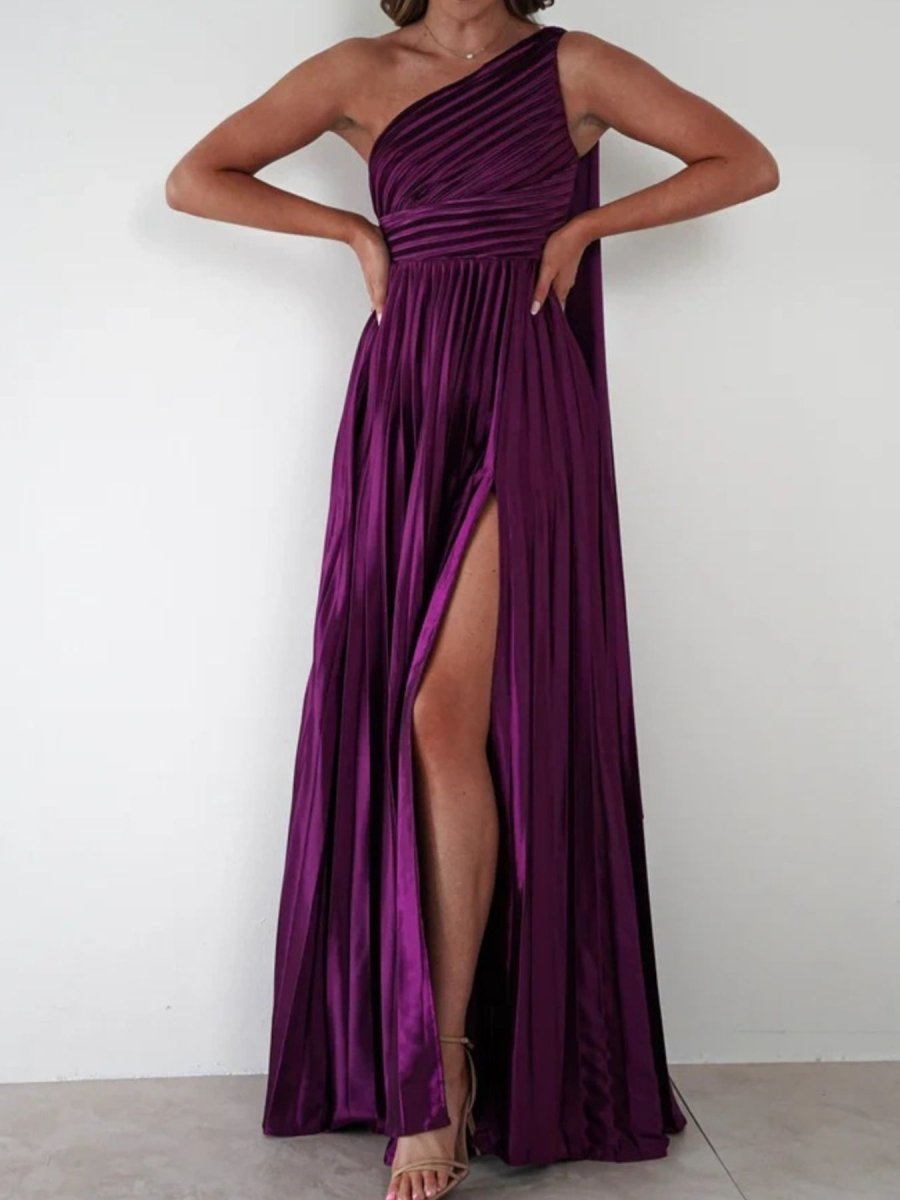 One - Shoulder Pleated Slit Maxi Dress - 