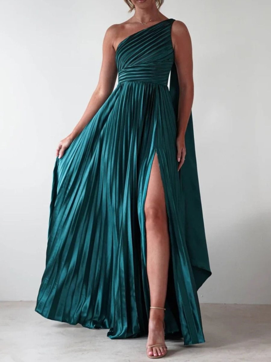 One - Shoulder Pleated Slit Maxi Dress - 