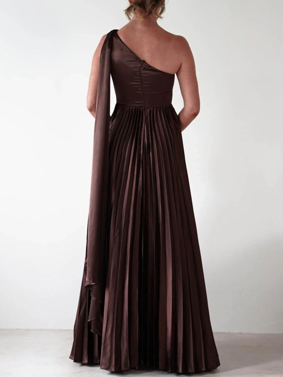 One - Shoulder Pleated Slit Maxi Dress - 