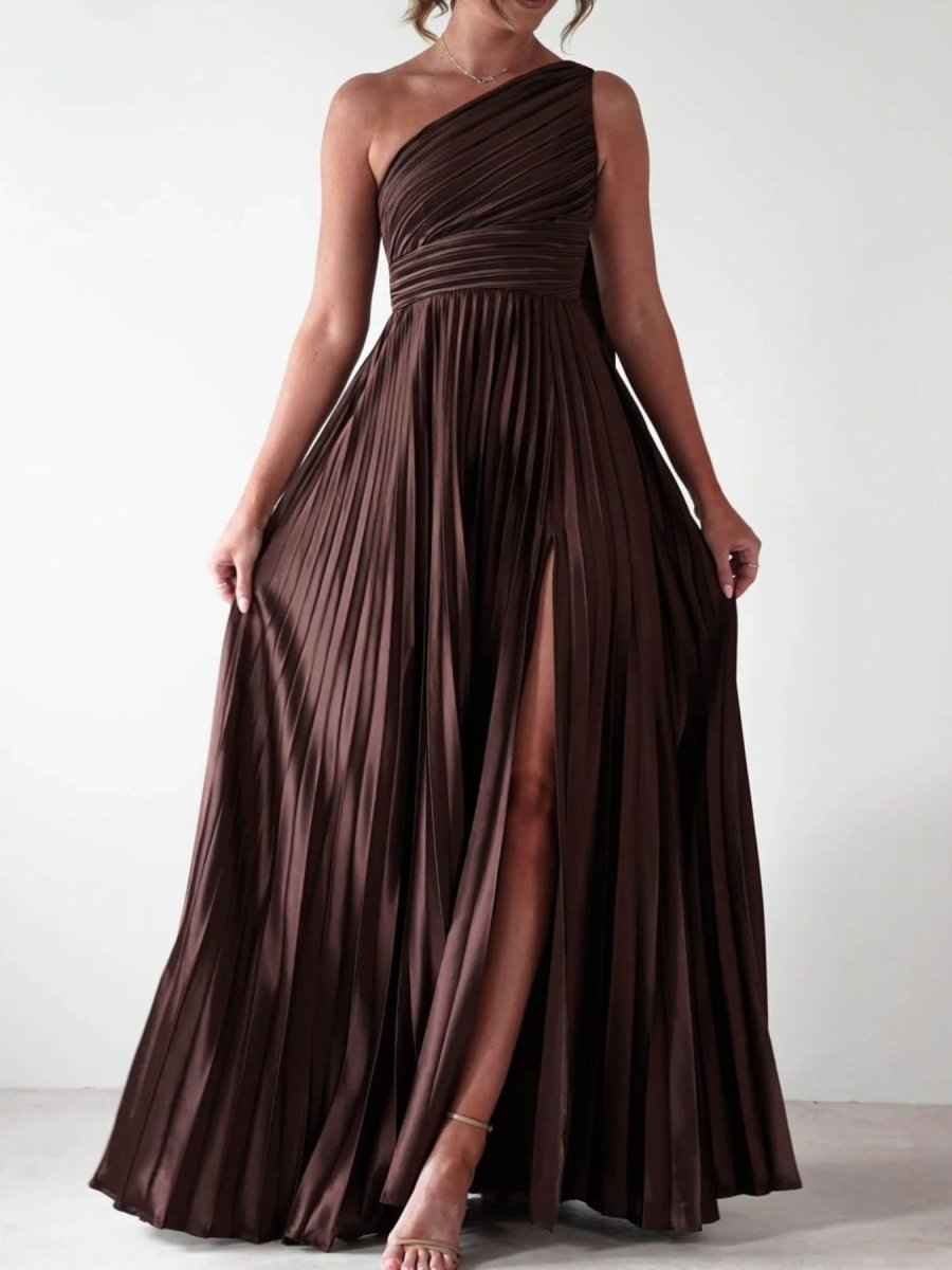 One - Shoulder Pleated Slit Maxi Dress - 