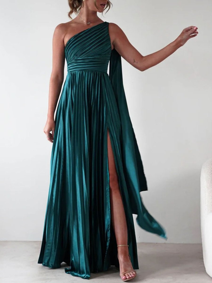 One - Shoulder Pleated Slit Maxi Dress - 