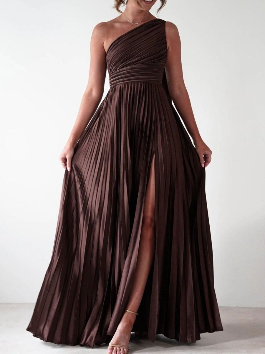One - Shoulder Pleated Slit Maxi Dress - 