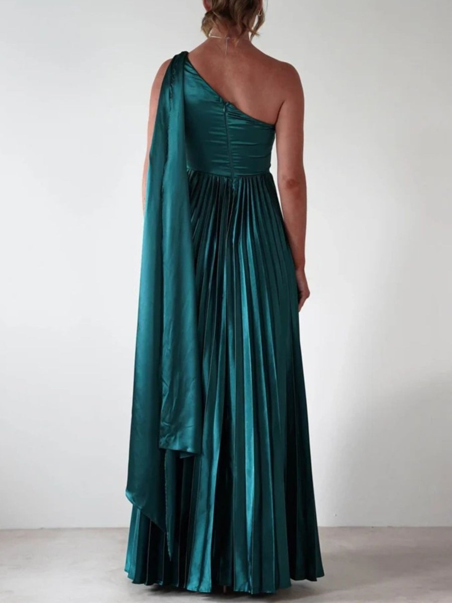 One - Shoulder Pleated Slit Maxi Dress - 