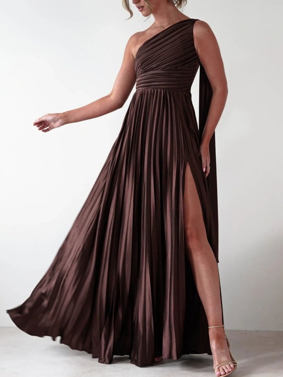 One - Shoulder Pleated Slit Maxi Dress - 