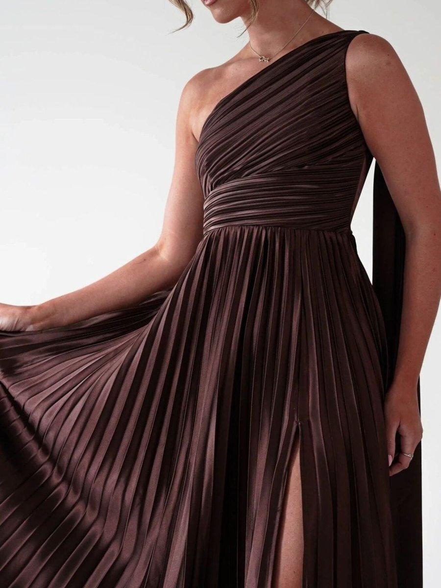 One - Shoulder Pleated Slit Maxi Dress - 