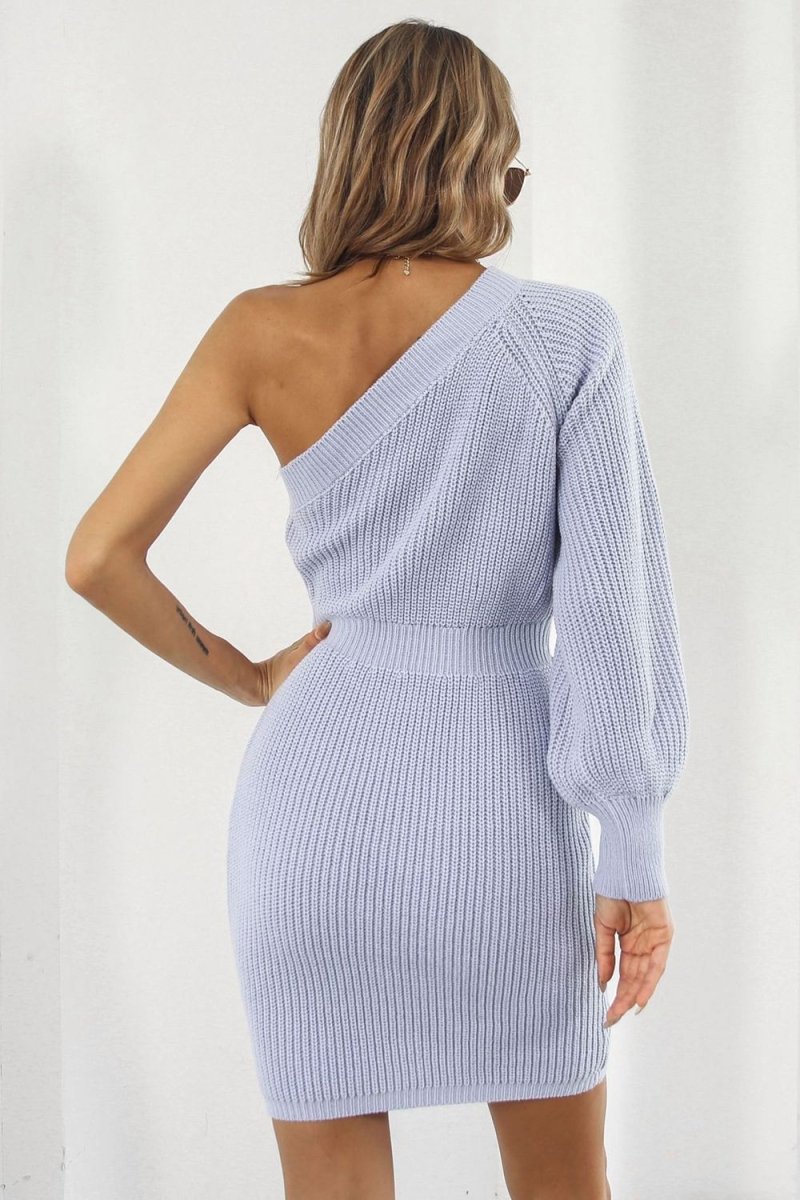 One Shoulder Raglan Sleeve Pencil Sweater Dress - Sweater Dress