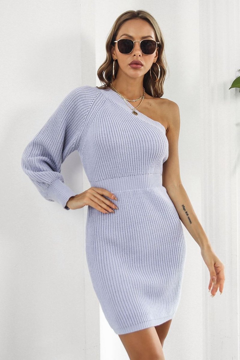 One Shoulder Raglan Sleeve Pencil Sweater Dress - Sweater Dress