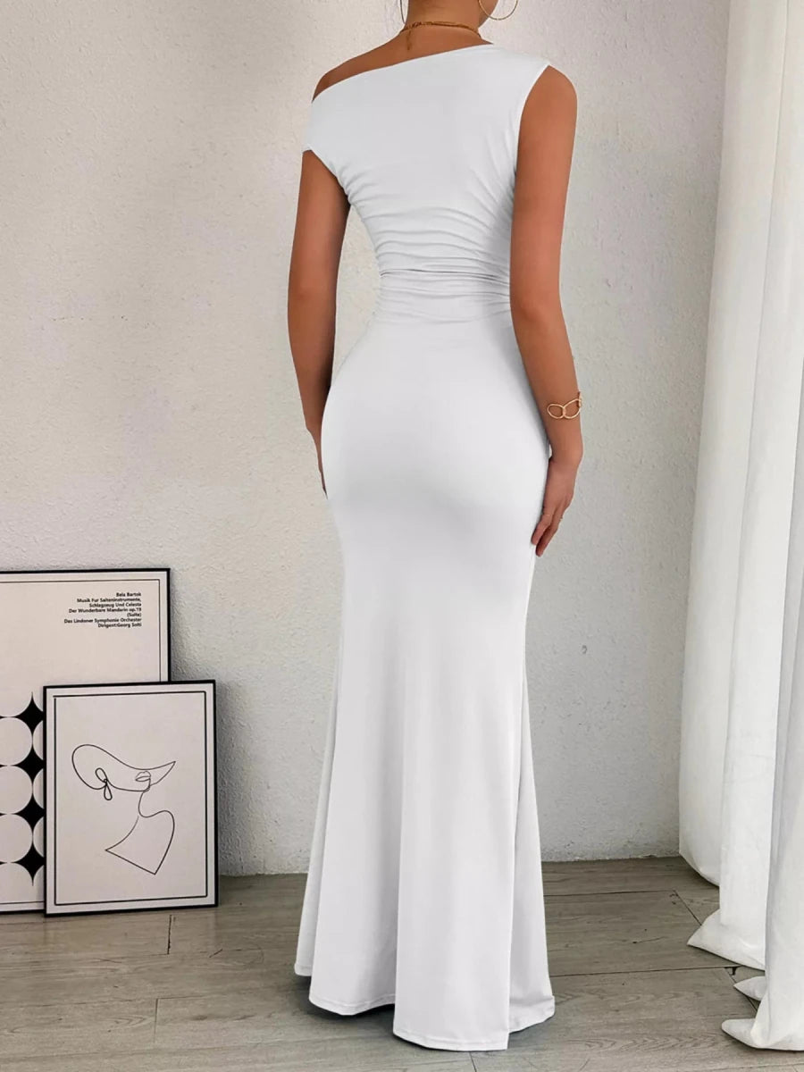One - Shoulder Ruched Bodycon Maxi Dress - 