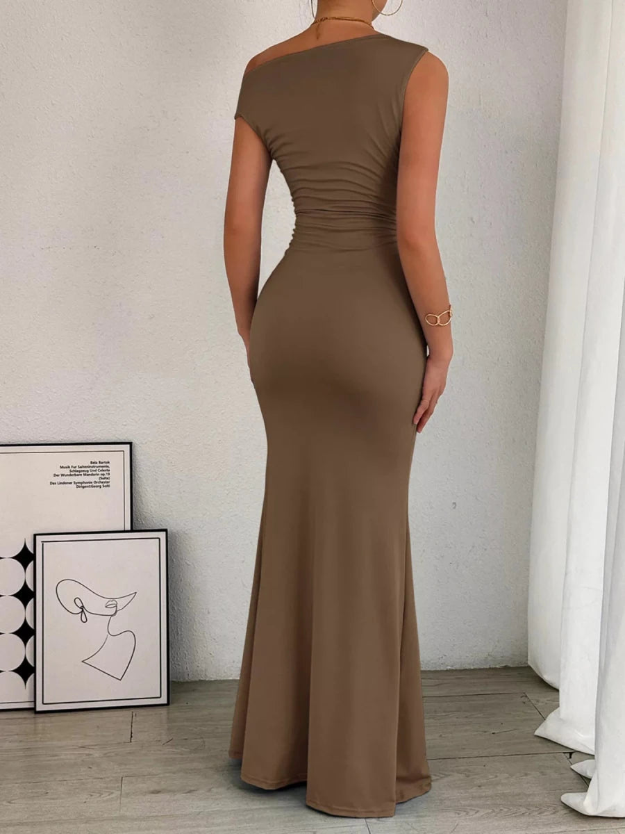 One - Shoulder Ruched Bodycon Maxi Dress - 