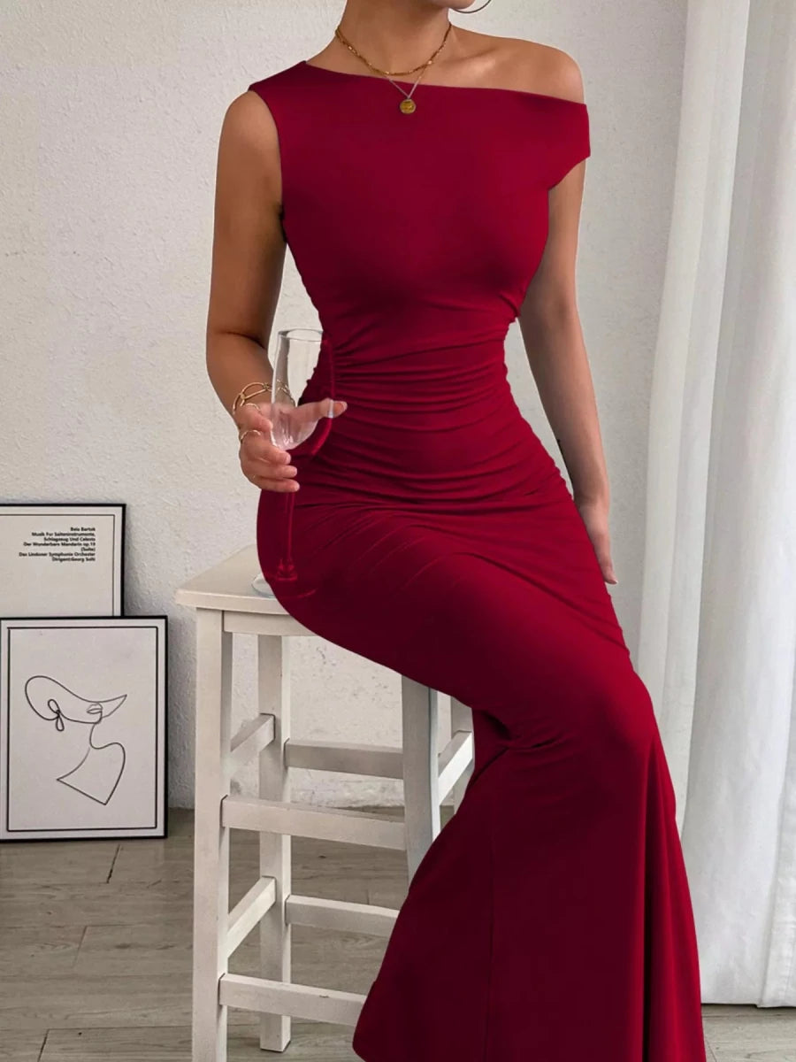 One - Shoulder Ruched Bodycon Maxi Dress - 