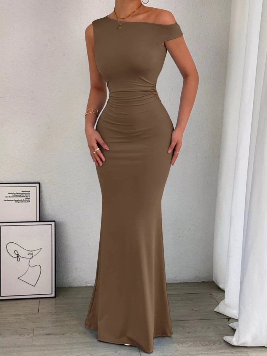 One - Shoulder Ruched Bodycon Maxi Dress - 