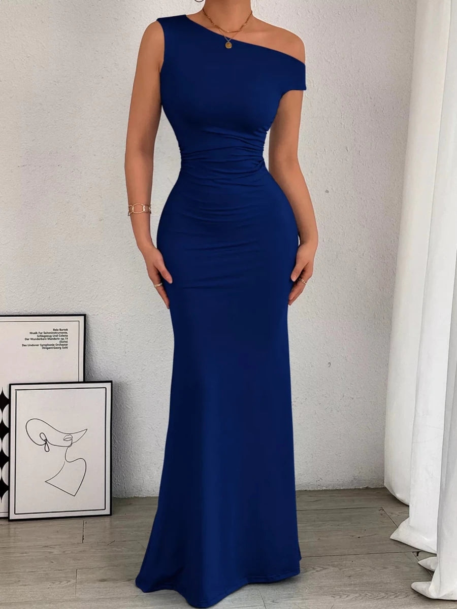 One - Shoulder Ruched Bodycon Maxi Dress - 