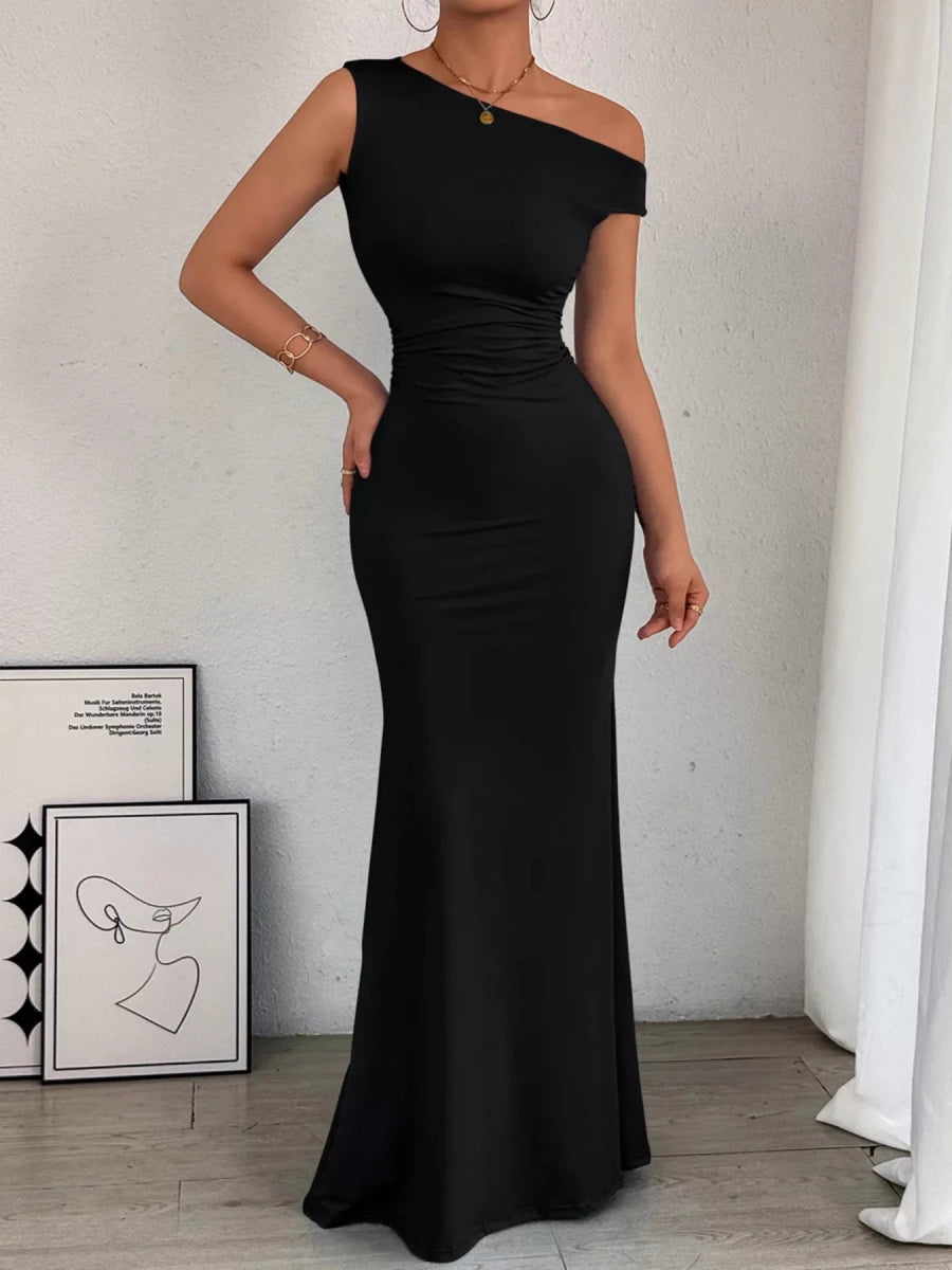 One - Shoulder Ruched Bodycon Maxi Dress - 